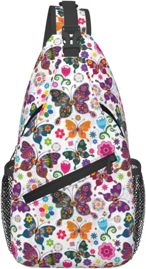 Colorful Butterfly Flowers Sling Crossbody Bag - Travel Hiking Chest Backpack, Casual Daypack For Women And Men, Lightweight Shoulder Purse For Daily Use And Outdoor Adventures