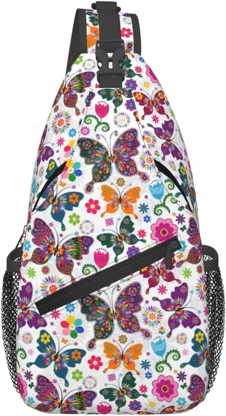 Colorful Butterfly Flowers Sling Crossbody Bag - Travel Hiking Chest Backpack, Casual Daypack For Women And Men, Lightweight Shoulder Purse For Daily Use And Outdoor Adventures