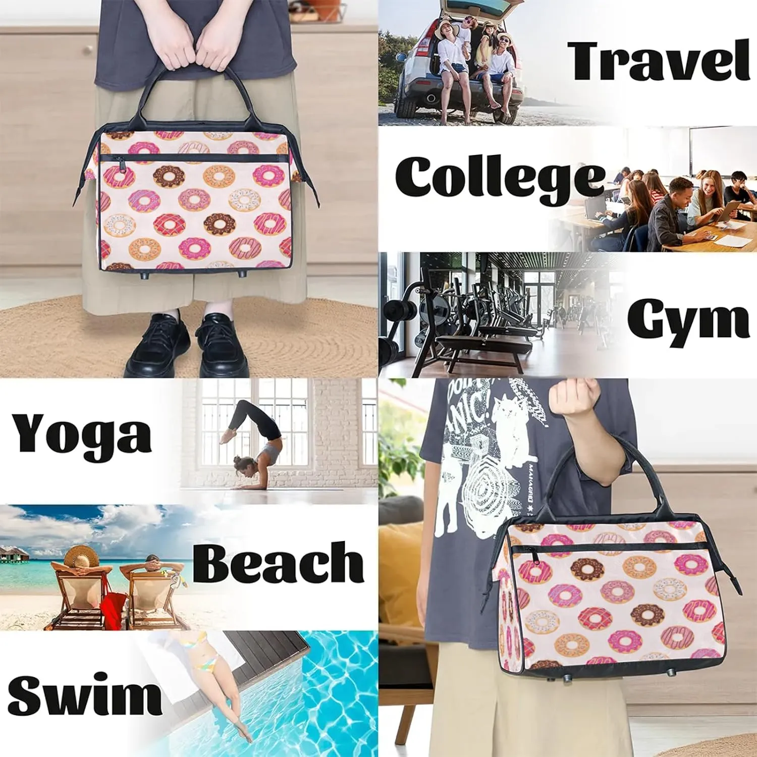 Colorful Donuts Travel Duffel Bag Gym Tote Bag for Women Men Waterproof Weekend Overnight Bag Carry On Tote Luggage with Pocket Personal Item Bags Sports Bag fit Travel Sports Gym Yoga