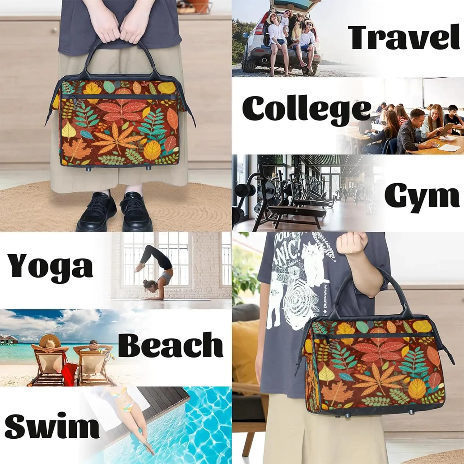 Colorful Leaves Abstract Travel Duffel Bag Gym Tote Bag for Women Men Waterproof Weekend Overnight Bag Carry On Tote Luggage with Pocket Personal Item Bags Sports Bag fit Travel Sports Gym Yoga