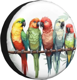 Colorful Parrots On Tree Tire Cover Outdoor Waterproof Snow Sun Rain Wheel Cover Portable Wheel Bags Camper Spare Tire Cover Universal Car Tire Protectors for Trailer RV SUV