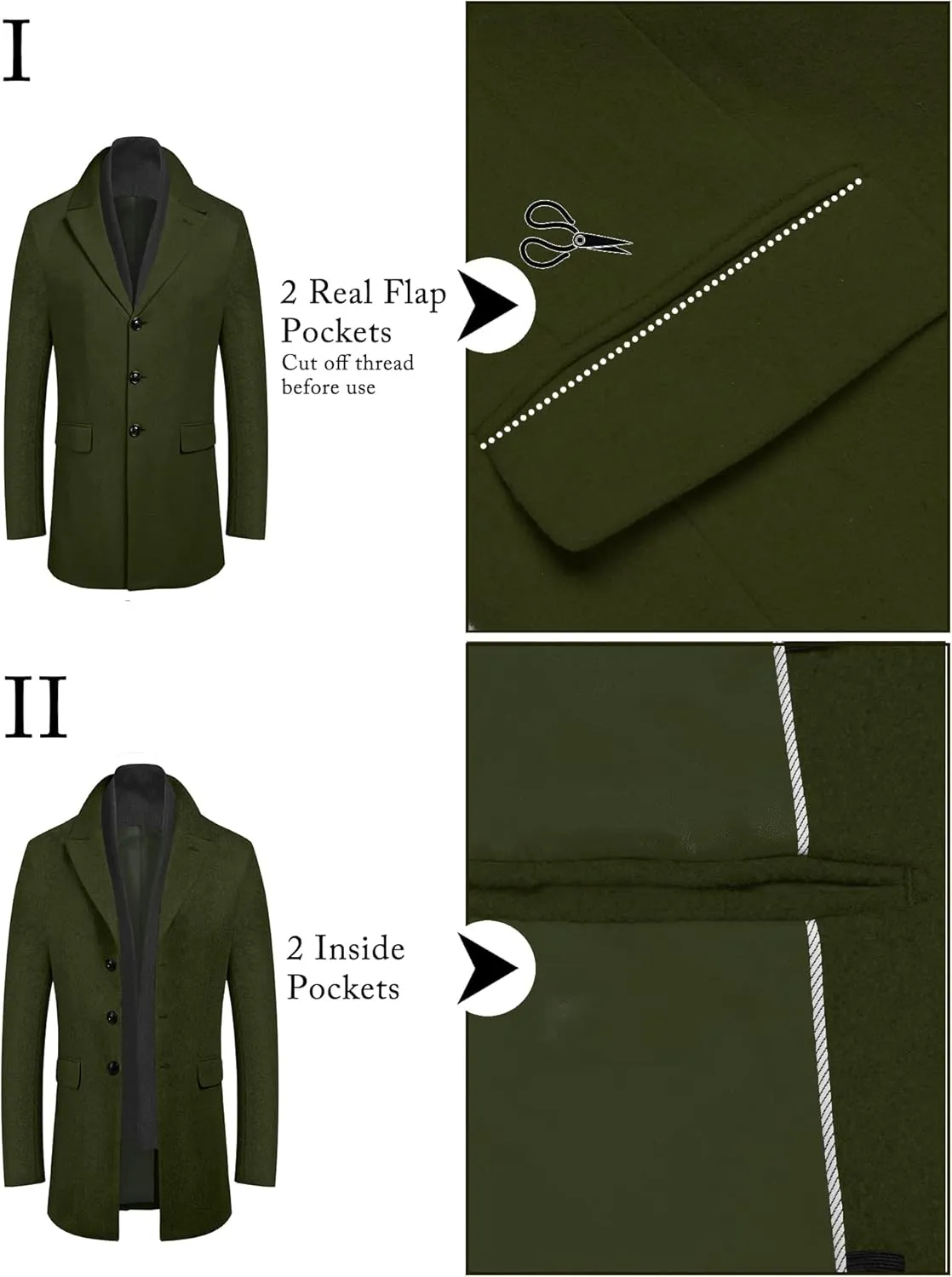 COOFANDY Men's Wool Blend Coat with Detachable Plaid Scarfs Notched Collar Single Breasted Pea Coat Trench Overcoat