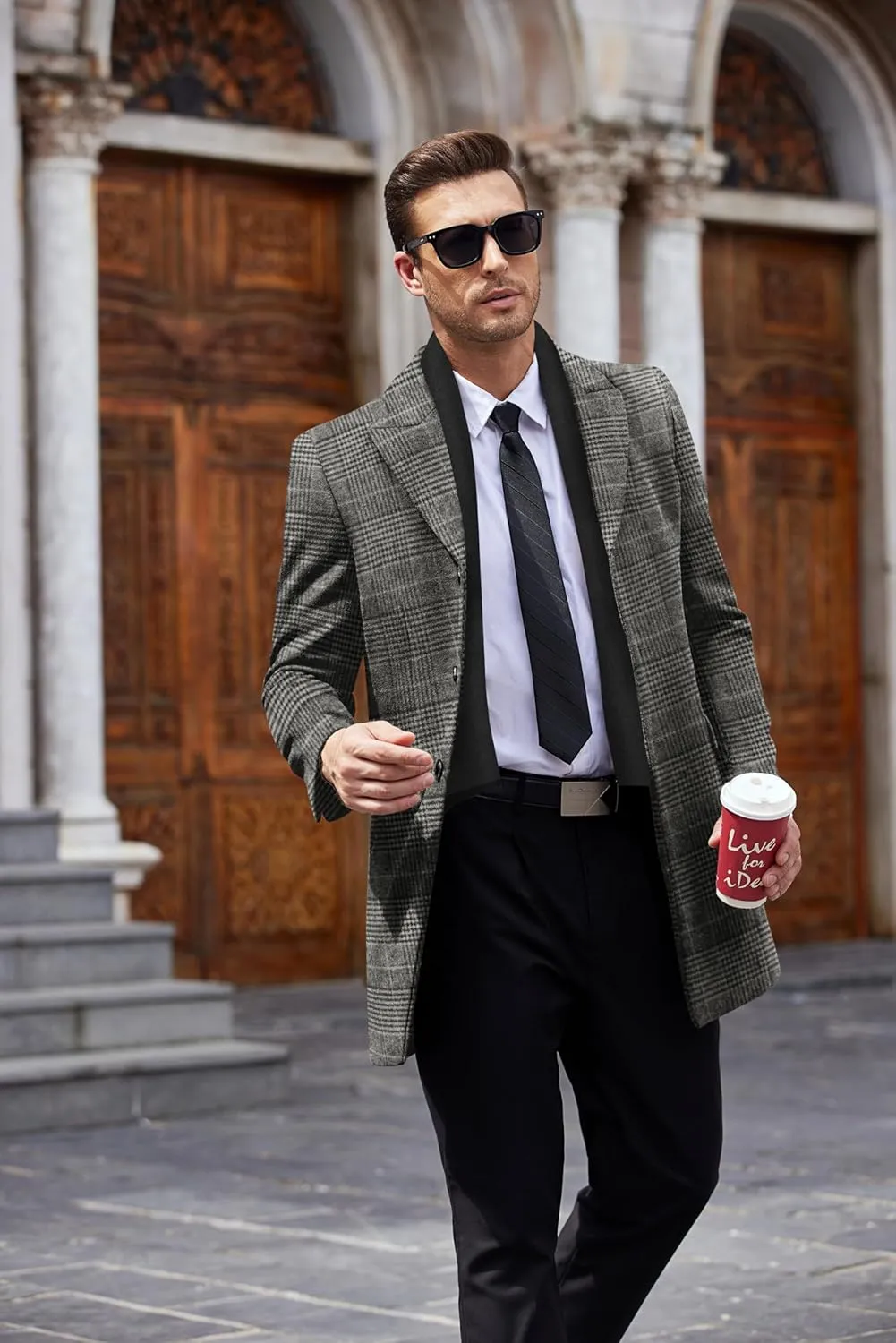COOFANDY Men's Wool Blend Coat with Detachable Plaid Scarfs Notched Collar Single Breasted Pea Coat Trench Overcoat