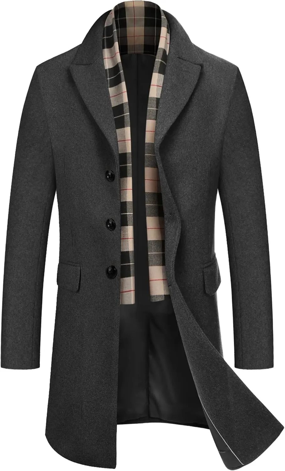 COOFANDY Men's Wool Blend Coat with Detachable Plaid Scarfs Notched Collar Single Breasted Pea Coat Trench Overcoat