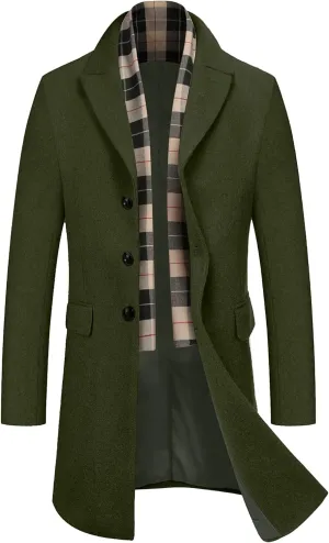 COOFANDY Men's Wool Blend Coat with Detachable Plaid Scarfs Notched Collar Single Breasted Pea Coat Trench Overcoat