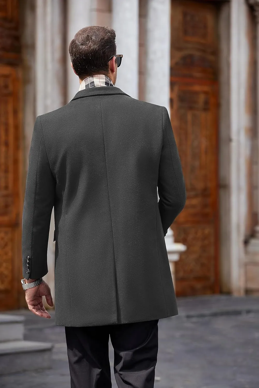 COOFANDY Men's Wool Blend Coat with Detachable Plaid Scarfs Notched Collar Single Breasted Pea Coat Trench Overcoat