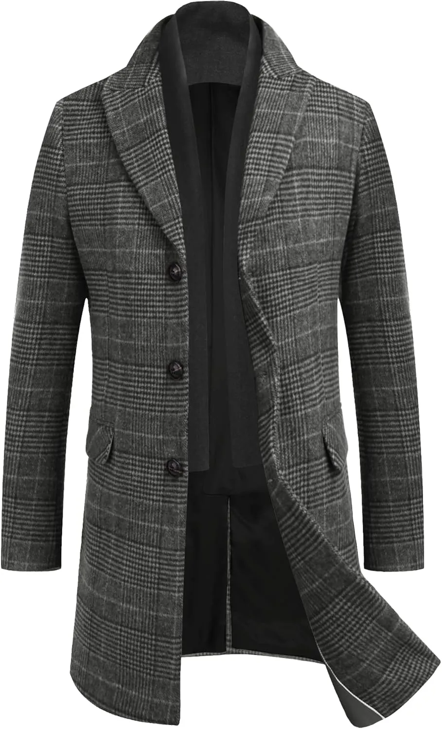 COOFANDY Men's Wool Blend Coat with Detachable Plaid Scarfs Notched Collar Single Breasted Pea Coat Trench Overcoat