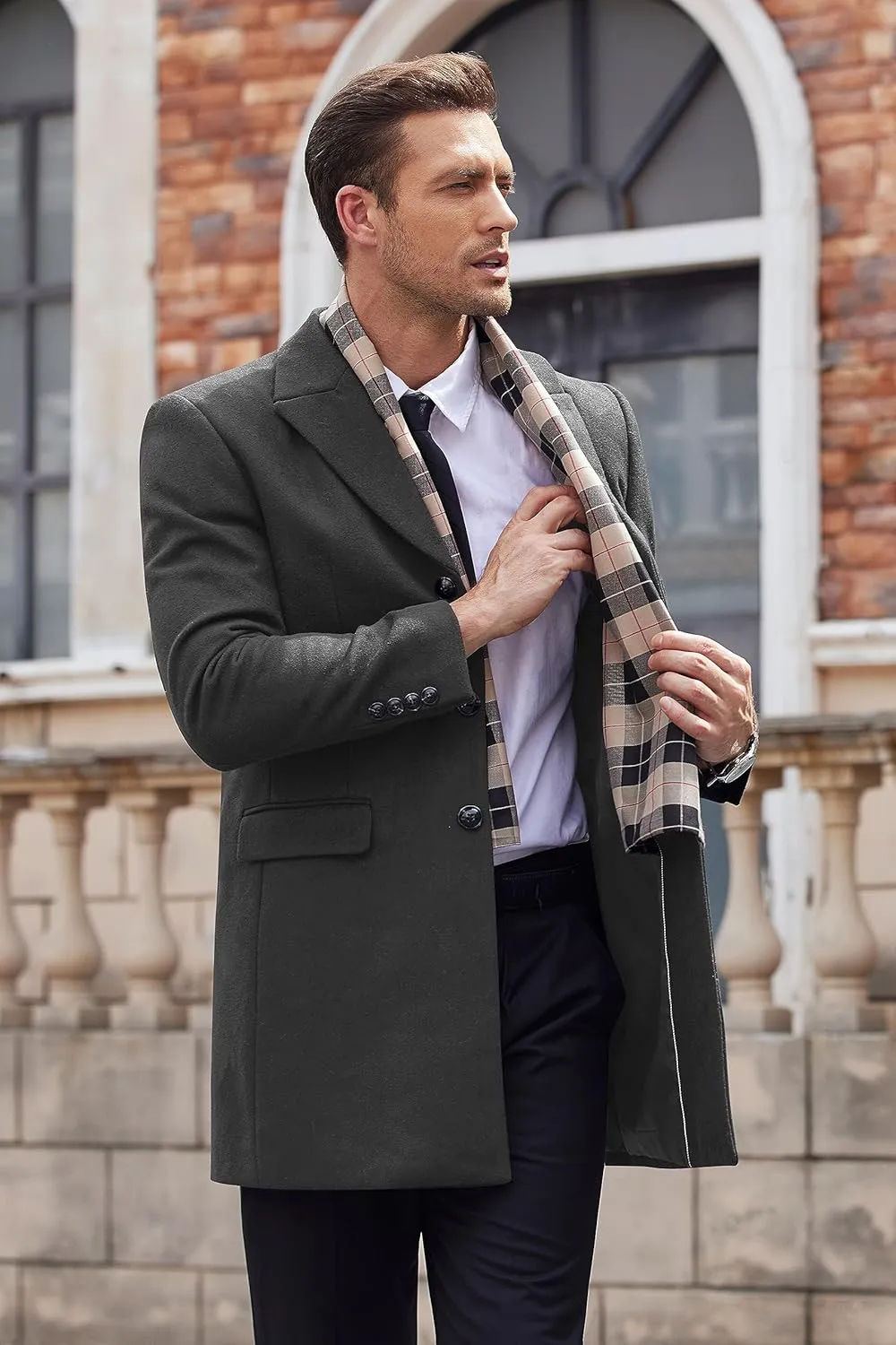 COOFANDY Men's Wool Blend Coat with Detachable Plaid Scarfs Notched Collar Single Breasted Pea Coat Trench Overcoat