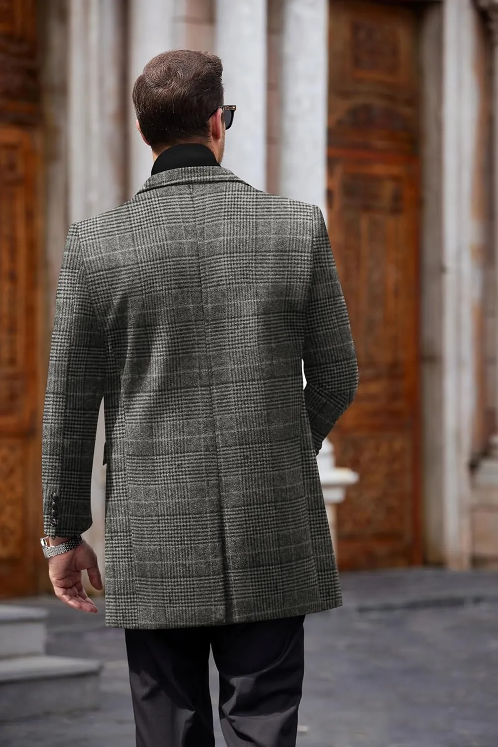 COOFANDY Men's Wool Blend Coat with Detachable Plaid Scarfs Notched Collar Single Breasted Pea Coat Trench Overcoat
