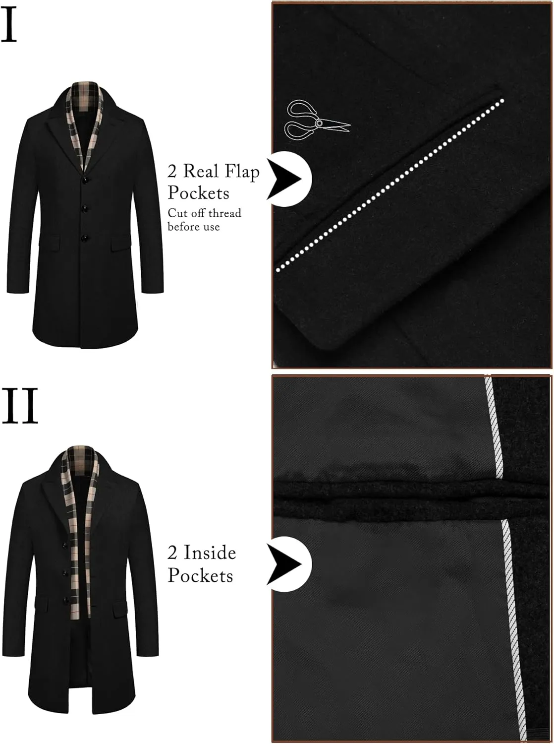 COOFANDY Men's Wool Blend Coat with Detachable Plaid Scarfs Notched Collar Single Breasted Pea Coat Trench Overcoat
