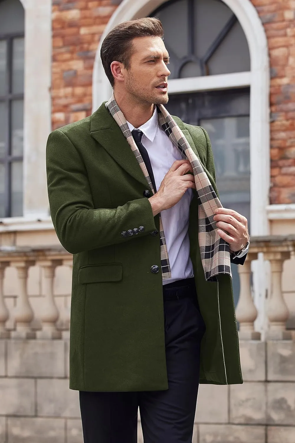 COOFANDY Men's Wool Blend Coat with Detachable Plaid Scarfs Notched Collar Single Breasted Pea Coat Trench Overcoat