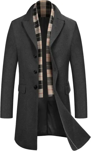 COOFANDY Men's Wool Blend Coat with Detachable Plaid Scarfs Notched Collar Single Breasted Pea Coat Trench Overcoat