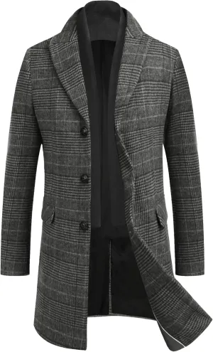 COOFANDY Men's Wool Blend Coat with Detachable Plaid Scarfs Notched Collar Single Breasted Pea Coat Trench Overcoat