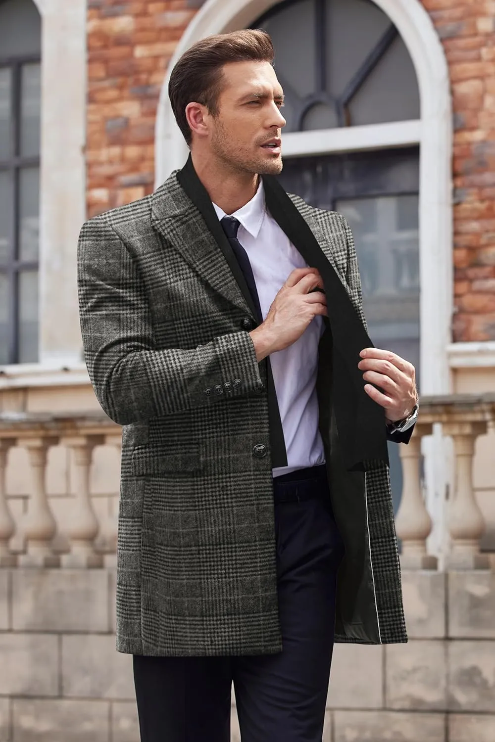 COOFANDY Men's Wool Blend Coat with Detachable Plaid Scarfs Notched Collar Single Breasted Pea Coat Trench Overcoat