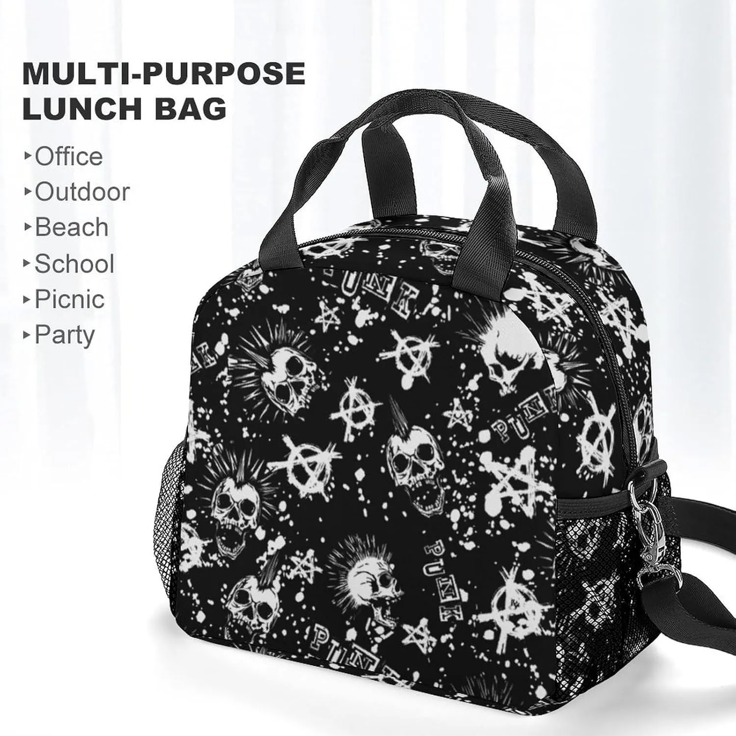 Cool Gothic Punk Skull Adjustable Shoulder Strap Insulated And Leak Proof Premium Lunch Bag Unisex