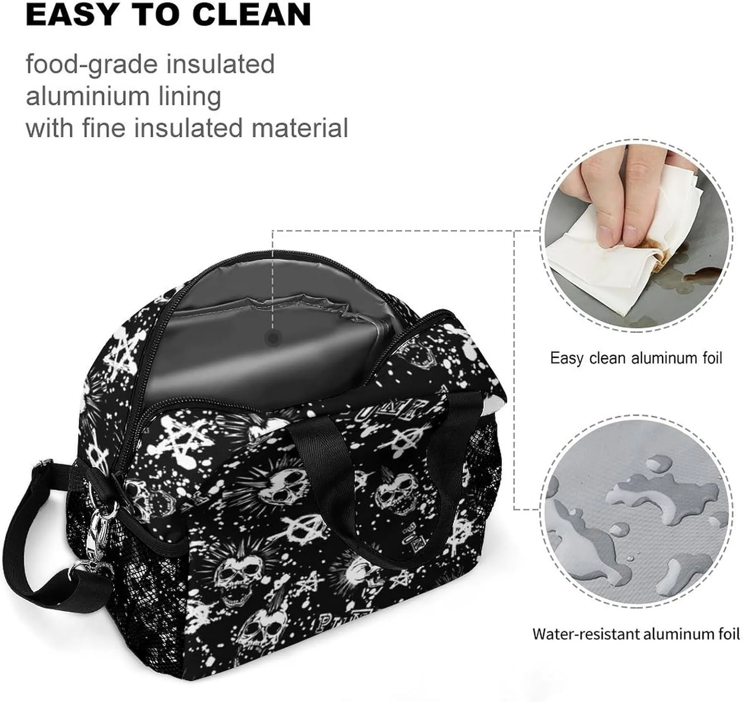 Cool Gothic Punk Skull Adjustable Shoulder Strap Insulated And Leak Proof Premium Lunch Bag Unisex