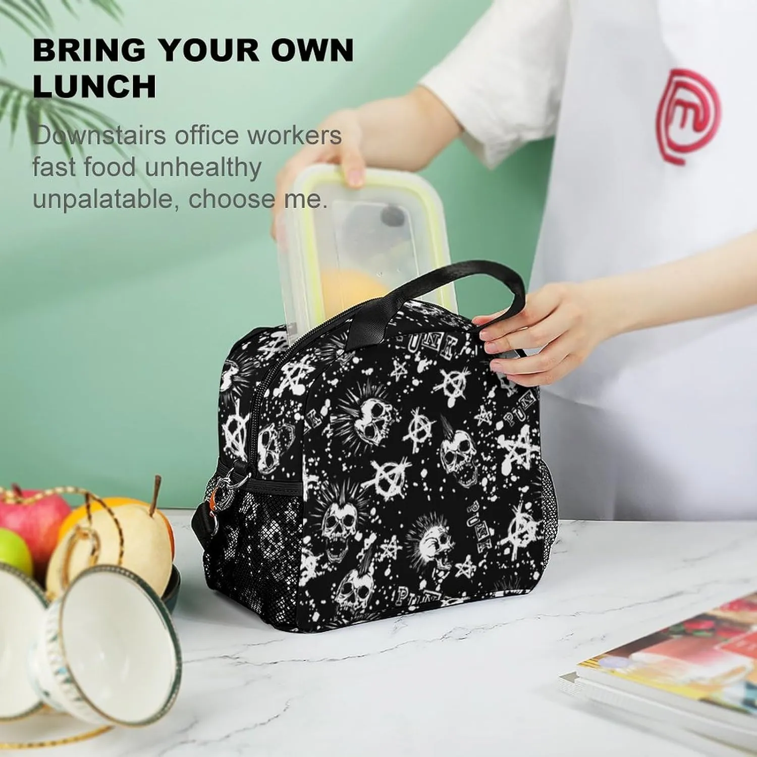 Cool Gothic Punk Skull Adjustable Shoulder Strap Insulated And Leak Proof Premium Lunch Bag Unisex
