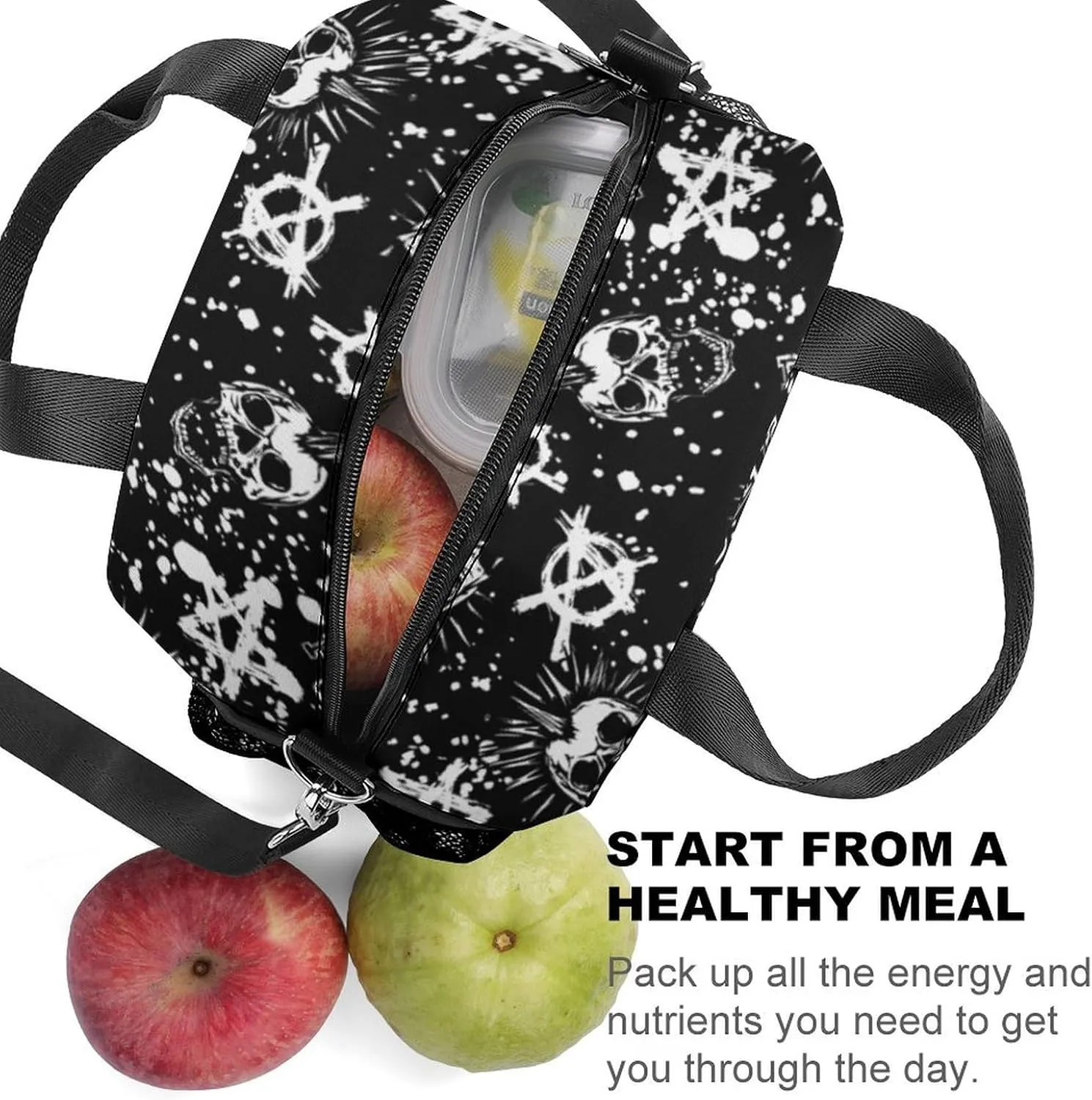 Cool Gothic Punk Skull Adjustable Shoulder Strap Insulated And Leak Proof Premium Lunch Bag Unisex