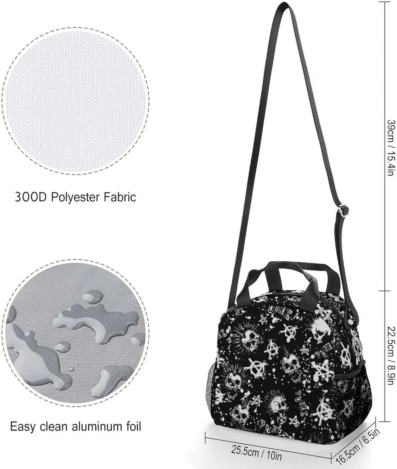 Cool Gothic Punk Skull Adjustable Shoulder Strap Insulated And Leak Proof Premium Lunch Bag Unisex