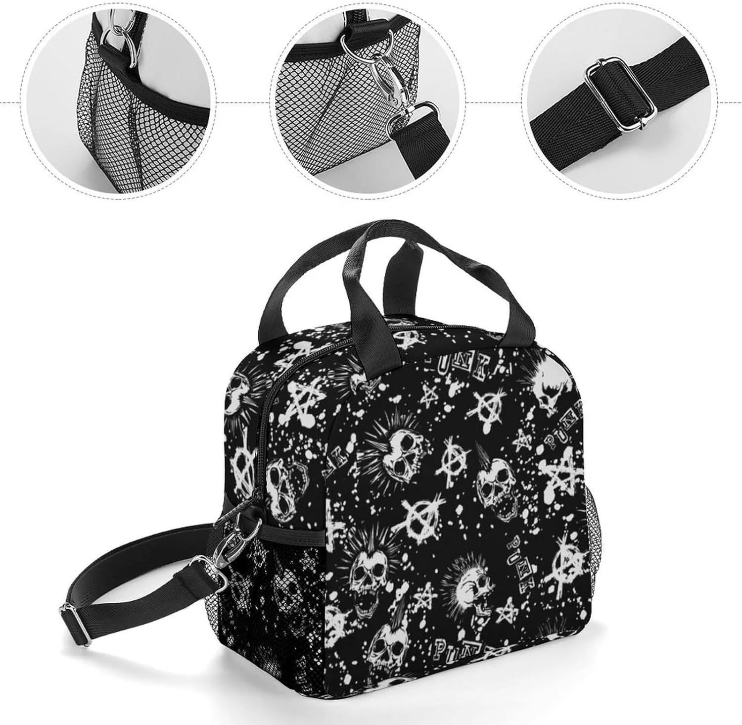 Cool Gothic Punk Skull Adjustable Shoulder Strap Insulated And Leak Proof Premium Lunch Bag Unisex