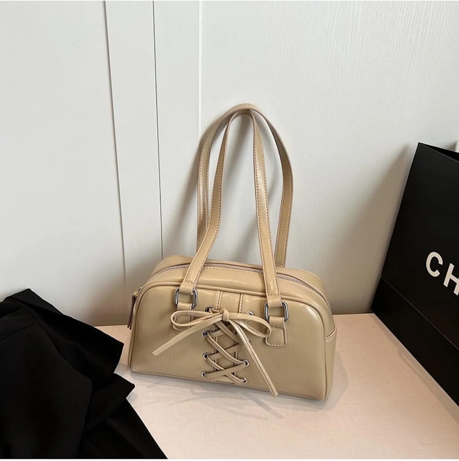 Coquette Leather Shoulder Purse Bow Tie Balletcore Boston Bag Handbag Women Trendy Purse 2025