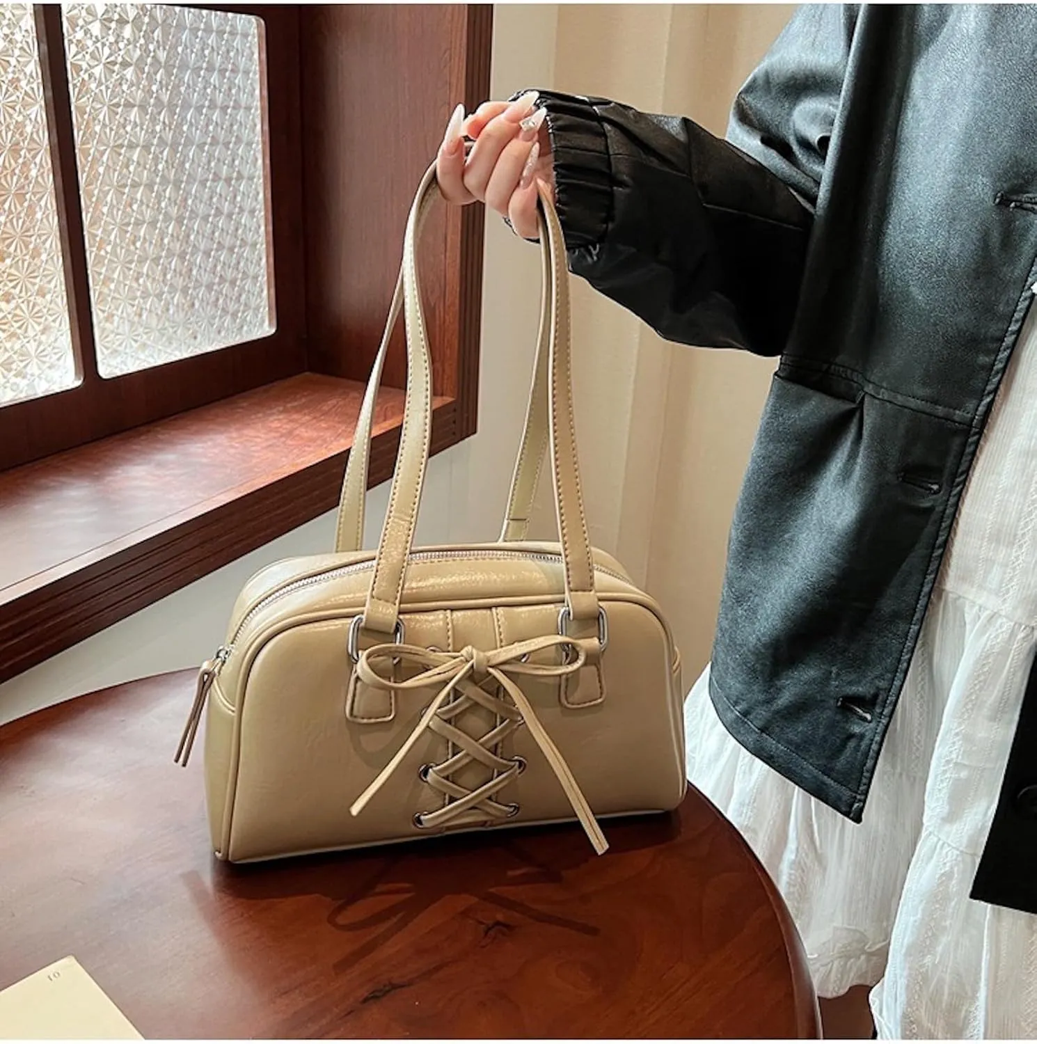 Coquette Leather Shoulder Purse Bow Tie Balletcore Boston Bag Handbag Women Trendy Purse 2025