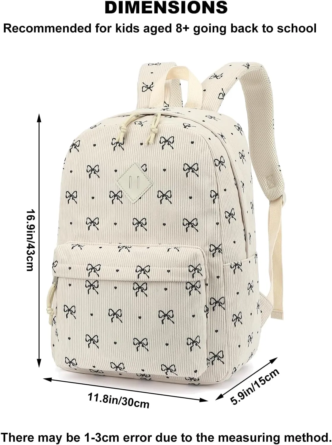 Corduroy Girls School Backpack - Teen Bookbags Kids Elementary Middle School Bookbags Women Travel Daypack (Bow Tie)