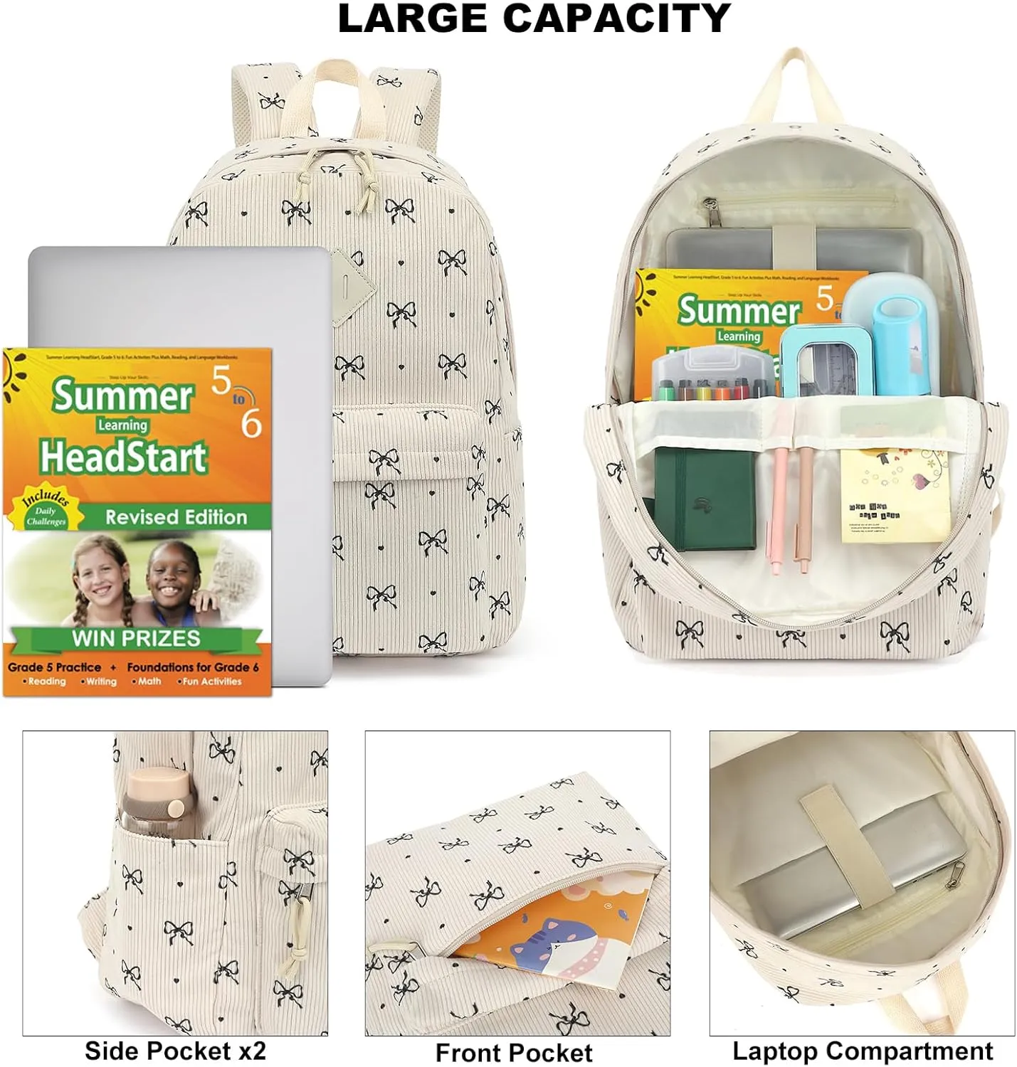 Corduroy Girls School Backpack - Teen Bookbags Kids Elementary Middle School Bookbags Women Travel Daypack (Bow Tie)