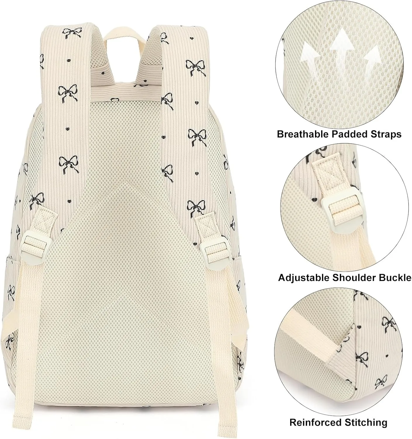 Corduroy Girls School Backpack - Teen Bookbags Kids Elementary Middle School Bookbags Women Travel Daypack (Bow Tie)
