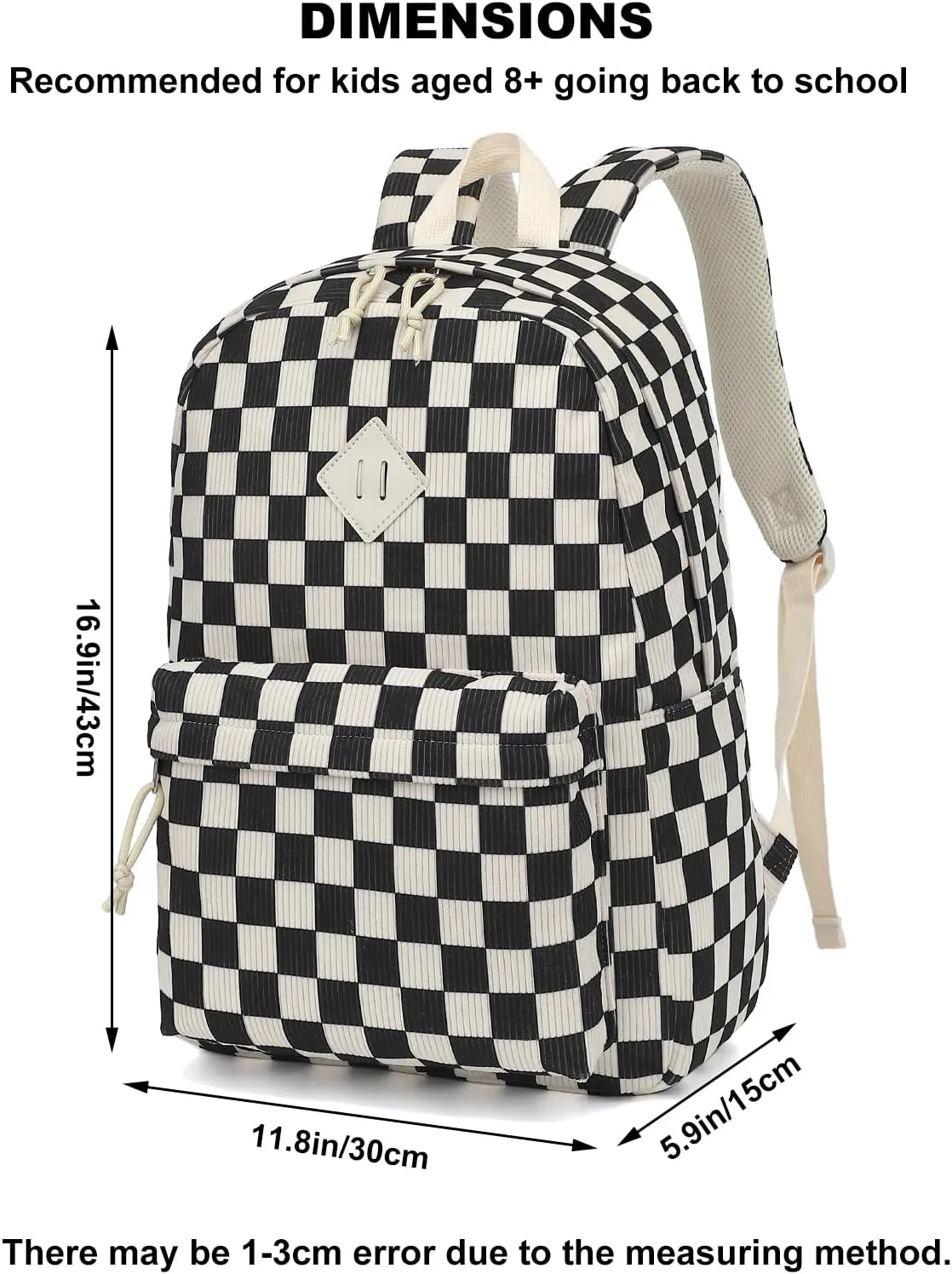 Corduroy Girls School Backpack - Teen Bookbags Kids Elementary Middle School Bookbags Women Travel Daypack (Checkered Black)