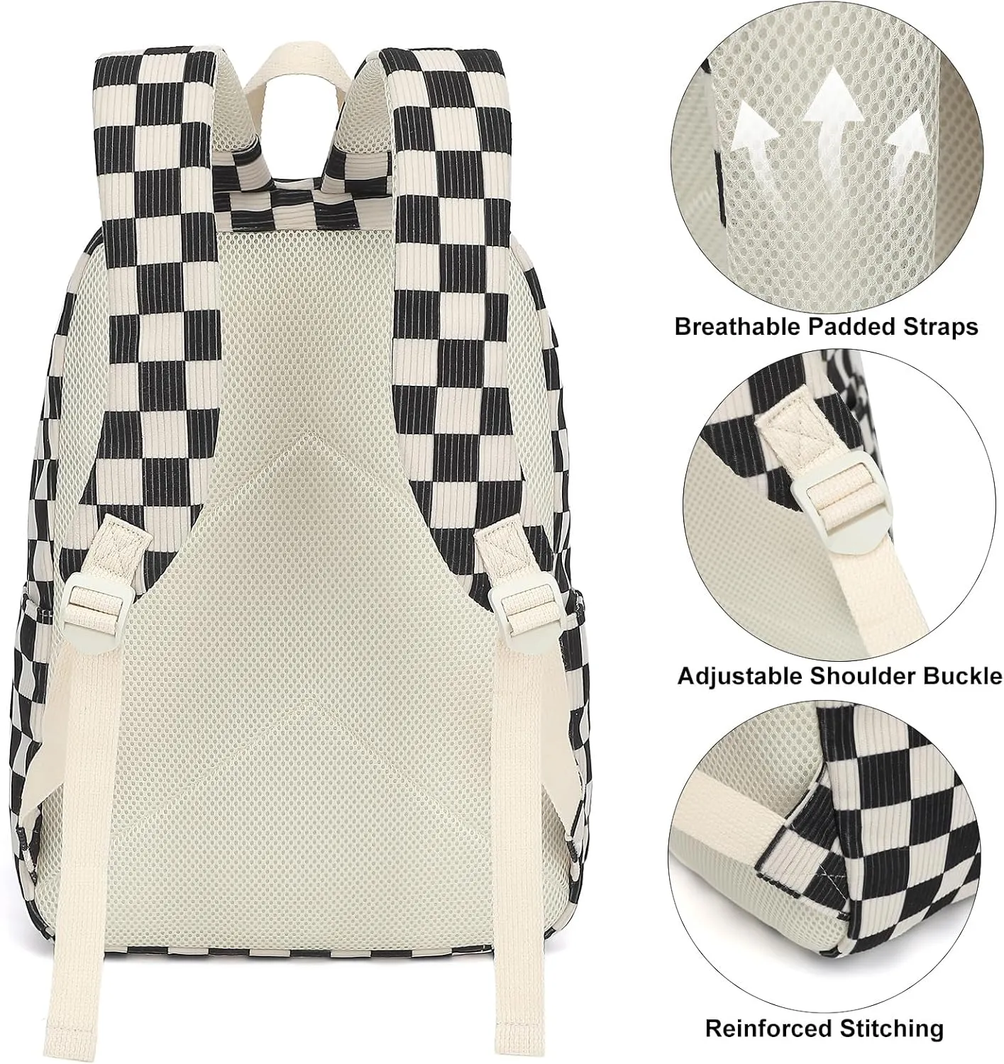 Corduroy Girls School Backpack - Teen Bookbags Kids Elementary Middle School Bookbags Women Travel Daypack (Checkered Black)