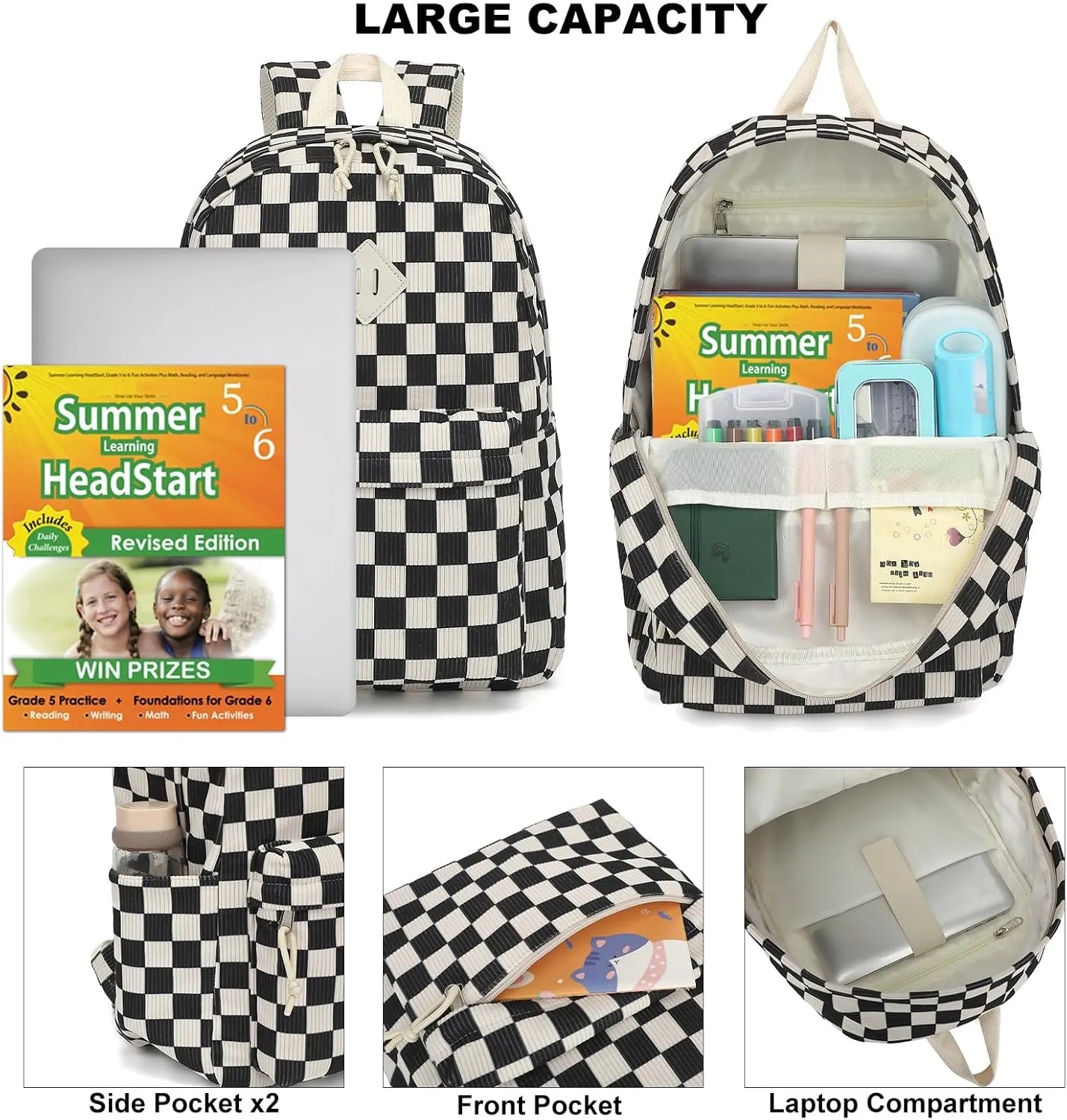 Corduroy Girls School Backpack - Teen Bookbags Kids Elementary Middle School Bookbags Women Travel Daypack (Checkered Black)