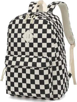 Corduroy Girls School Backpack - Teen Bookbags Kids Elementary Middle School Bookbags Women Travel Daypack (Checkered Black)