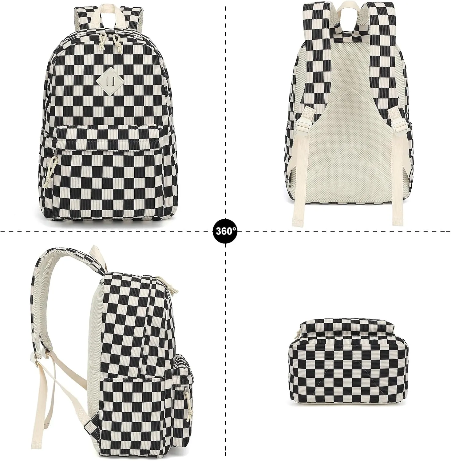 Corduroy Girls School Backpack - Teen Bookbags Kids Elementary Middle School Bookbags Women Travel Daypack (Checkered Black)