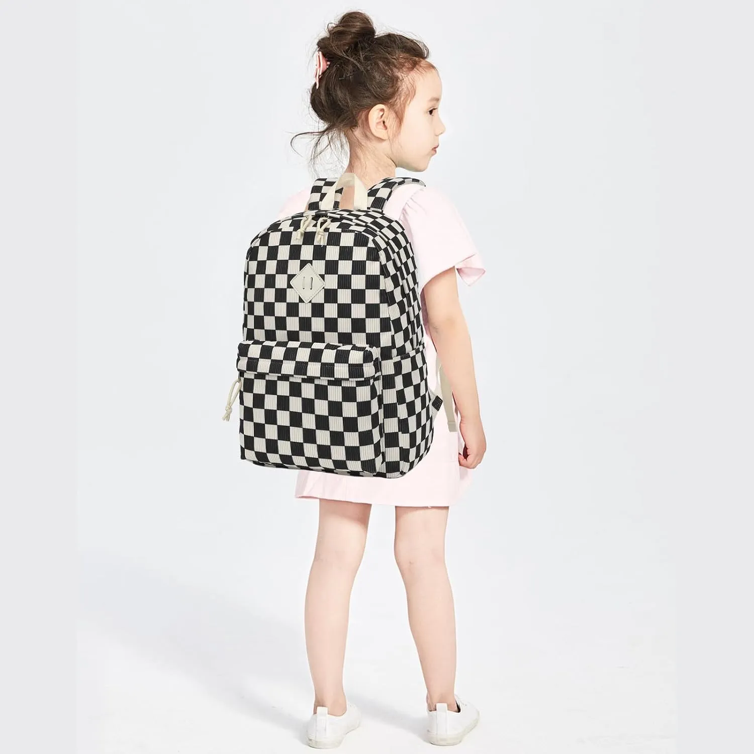 Corduroy Girls School Backpack - Teen Bookbags Kids Elementary Middle School Bookbags Women Travel Daypack (Checkered Black)
