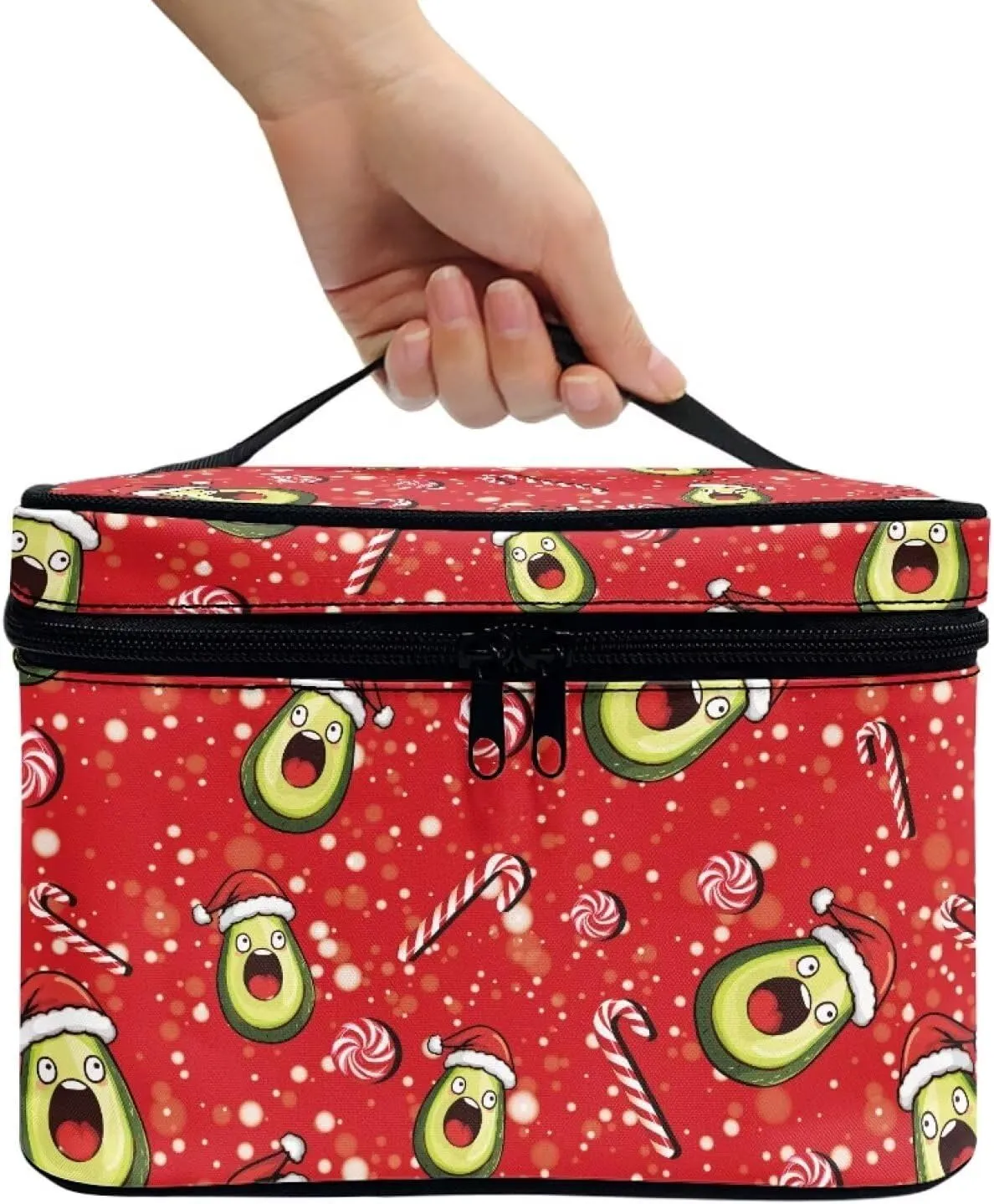 Cosmetic Bags with Zipper Outdoors Red Makeup Storage Pouch Avocado Candy Christmas Theme Design Makeup Wash Bag for Women