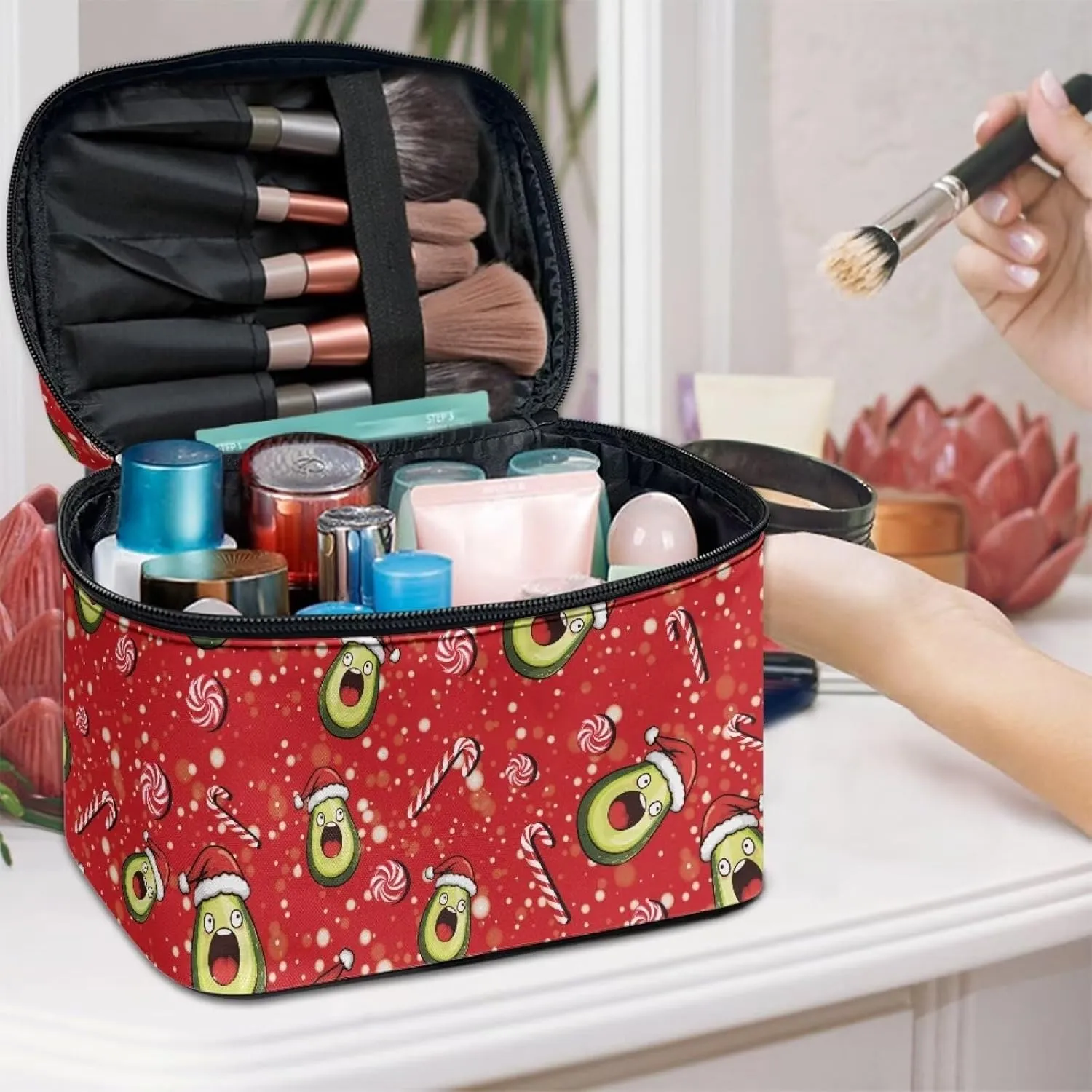 Cosmetic Bags with Zipper Outdoors Red Makeup Storage Pouch Avocado Candy Christmas Theme Design Makeup Wash Bag for Women