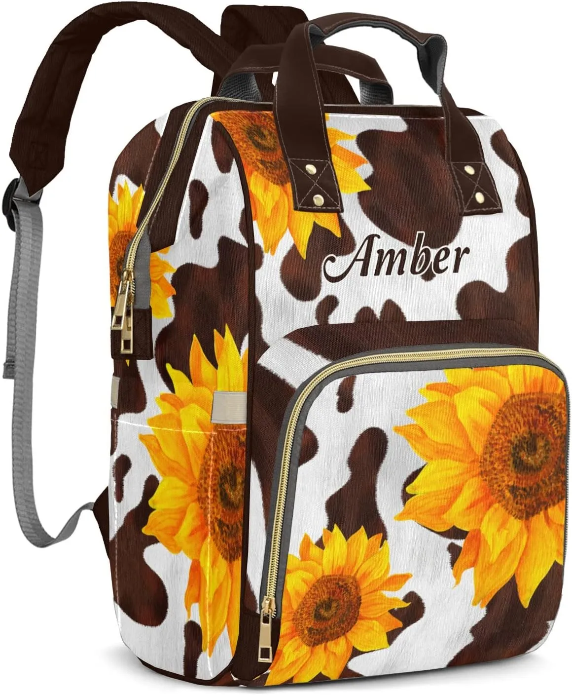Cow Brown Sunflower Personalized Diaper Bags Waterproof Backpack Shoulder Daypack for Mother's Day Gifts