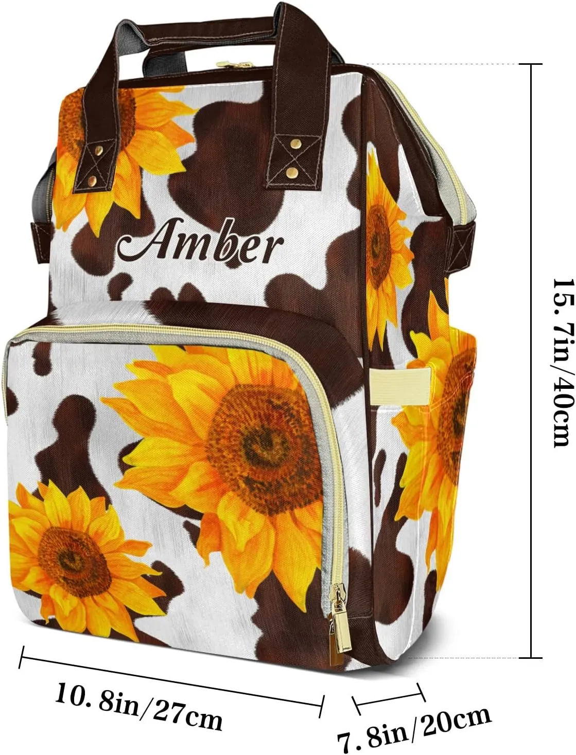 Cow Brown Sunflower Personalized Diaper Bags Waterproof Backpack Shoulder Daypack for Mother's Day Gifts
