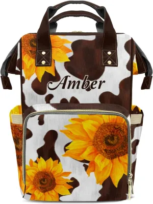 Cow Brown Sunflower Personalized Diaper Bags Waterproof Backpack Shoulder Daypack for Mother's Day Gifts