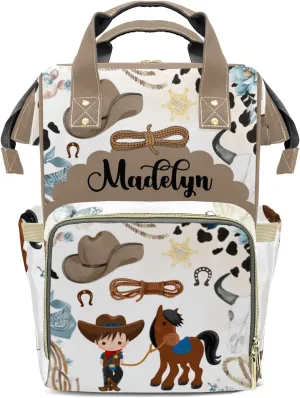 Cowboy Horse Wild Western Personalized Large Capacity Diaper Bags,Custom Name Backpack Casual Daypack Bag Nappy Bag Gifts