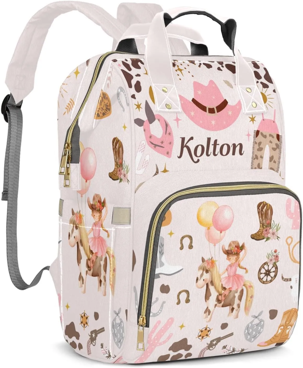 Cowgirl Hat Balloon Horse Personalized Large Capacity Diaper Bags,Custom Name Backpack Casual Daypack Bag Nappy Bag Gifts