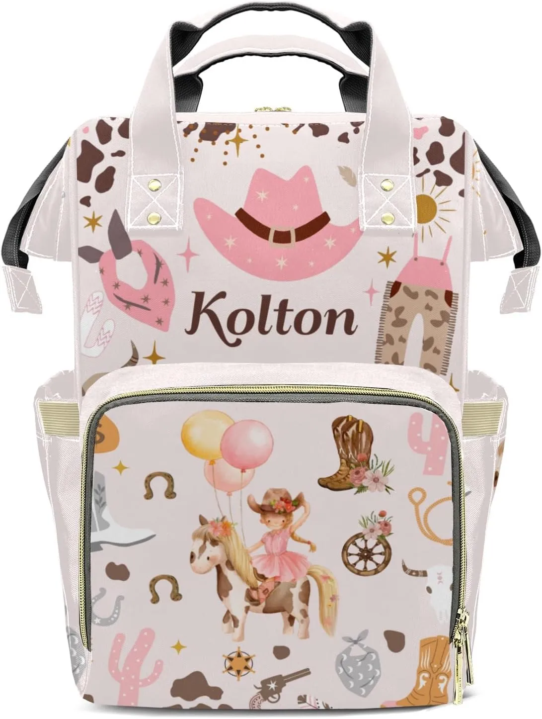 Cowgirl Hat Balloon Horse Personalized Large Capacity Diaper Bags,Custom Name Backpack Casual Daypack Bag Nappy Bag Gifts