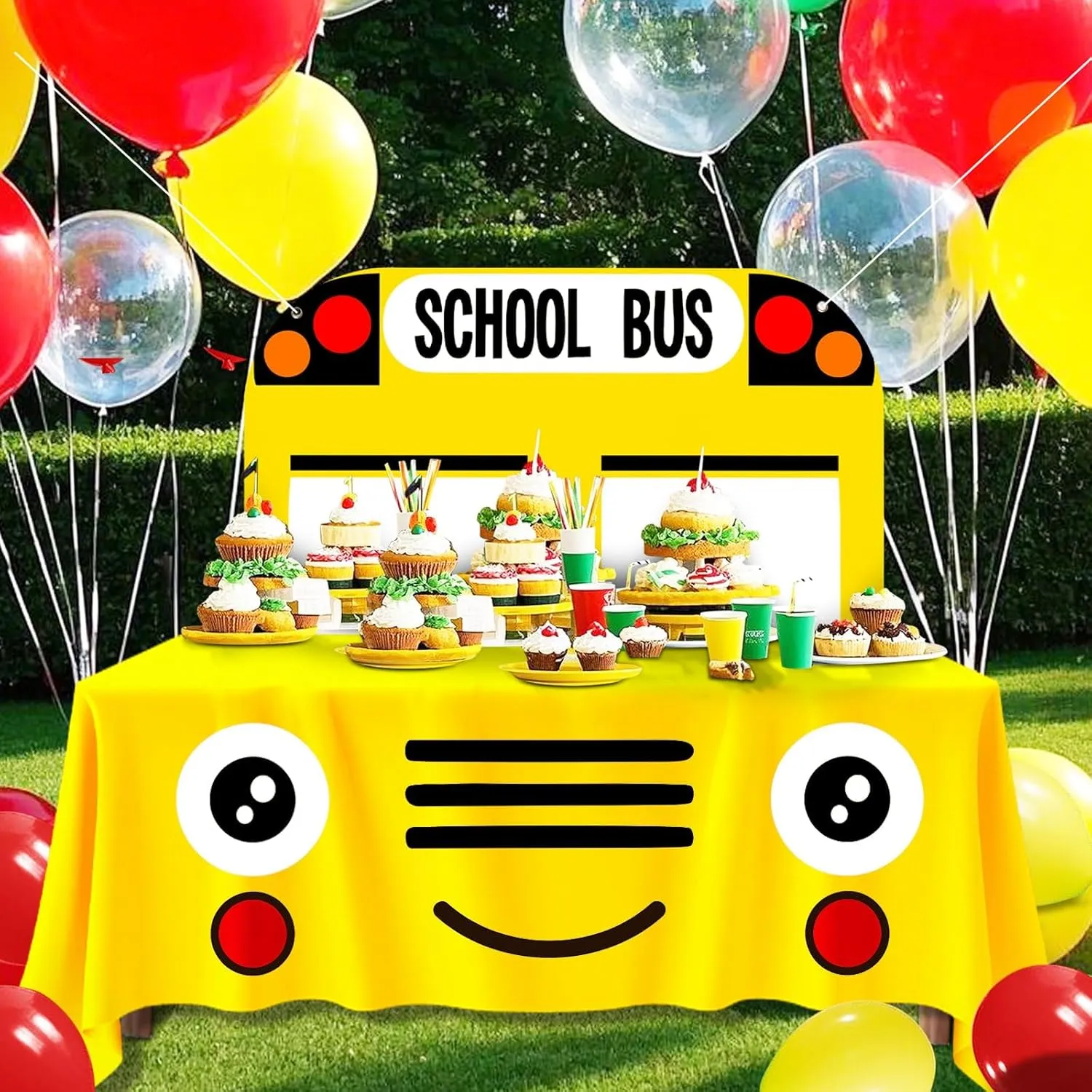 Cumule 2 Pcs School Bus Party Decorations First Day of School Backdrop and Tablecloth Washable Washable School Bus Polyester Tablecover for Back to School Day Graduation Party Favor
