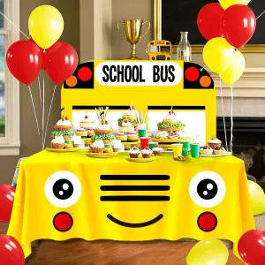 Cumule 2 Pcs School Bus Party Decorations First Day of School Backdrop and Tablecloth Washable Washable School Bus Polyester Tablecover for Back to School Day Graduation Party Favor
