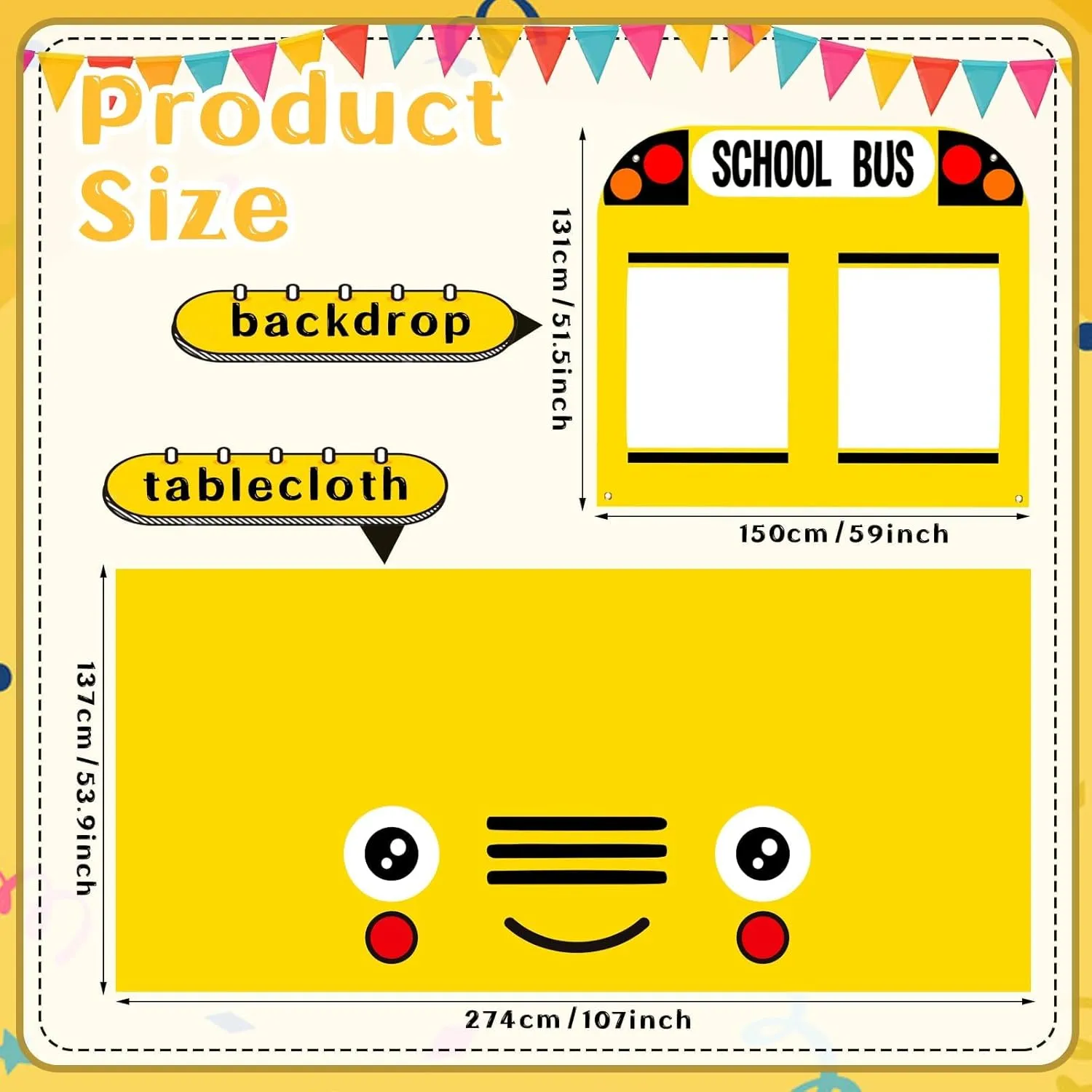 Cumule 2 Pcs School Bus Party Decorations First Day of School Backdrop and Tablecloth Washable Washable School Bus Polyester Tablecover for Back to School Day Graduation Party Favor