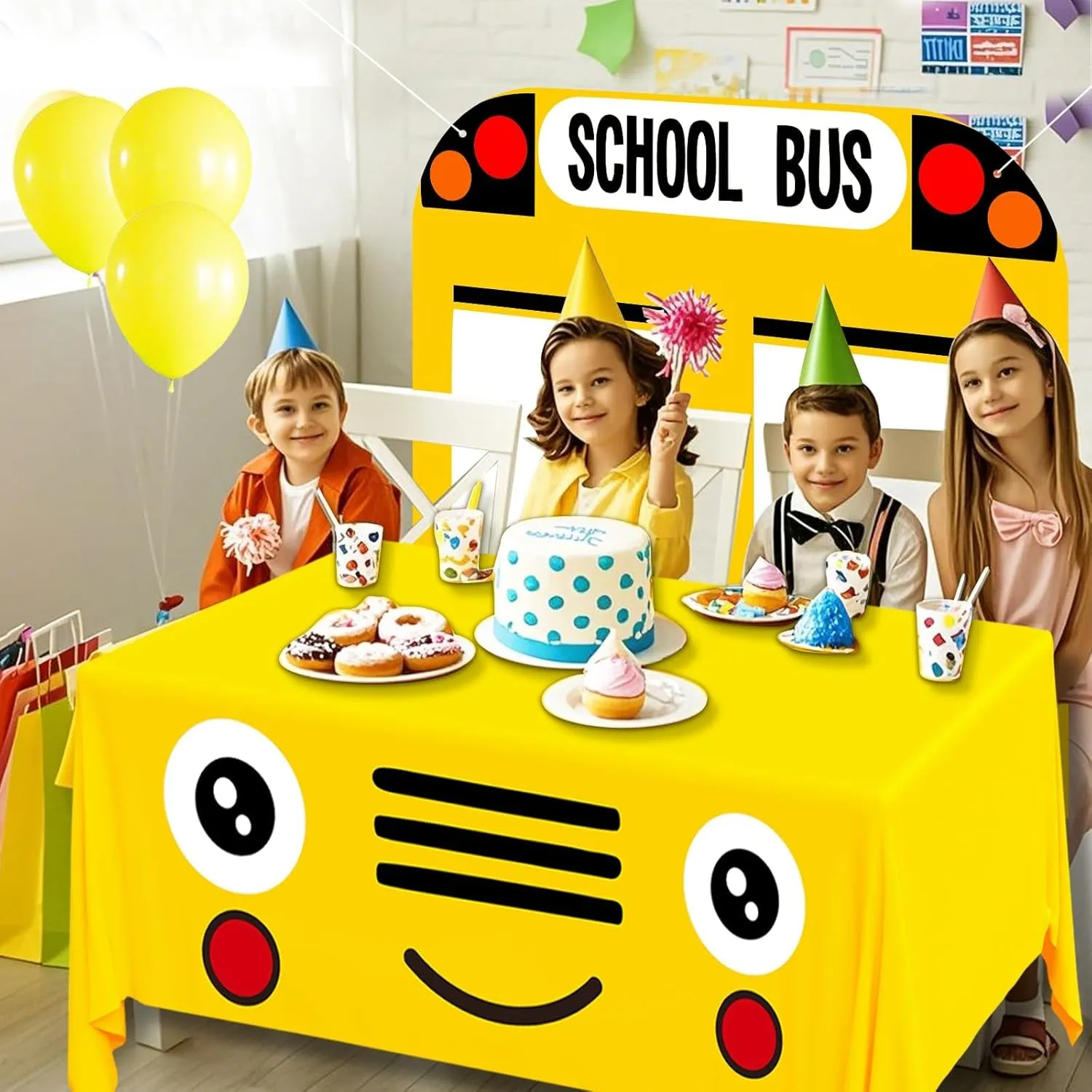 Cumule 2 Pcs School Bus Party Decorations First Day of School Backdrop and Tablecloth Washable Washable School Bus Polyester Tablecover for Back to School Day Graduation Party Favor