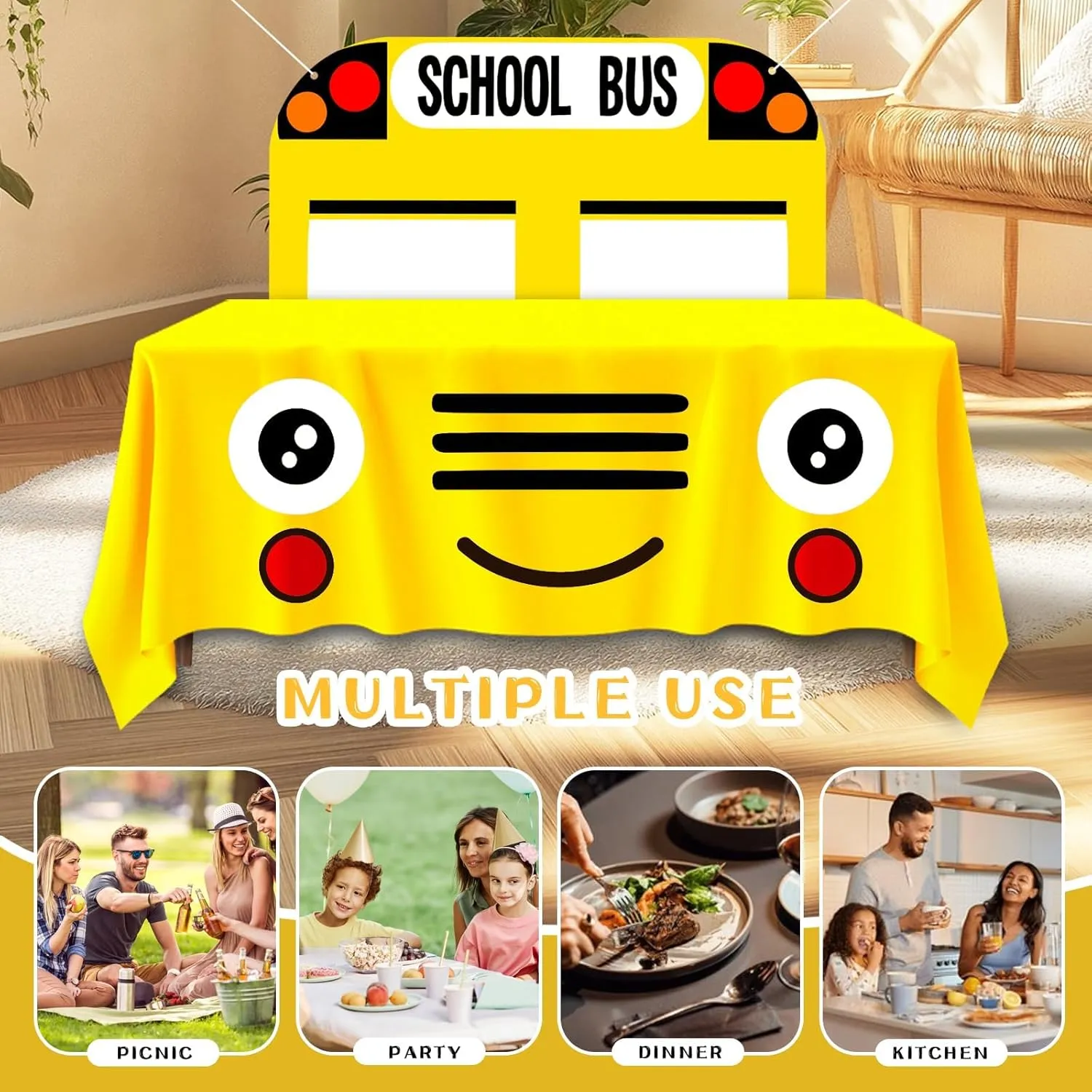 Cumule 2 Pcs School Bus Party Decorations First Day of School Backdrop and Tablecloth Washable Washable School Bus Polyester Tablecover for Back to School Day Graduation Party Favor