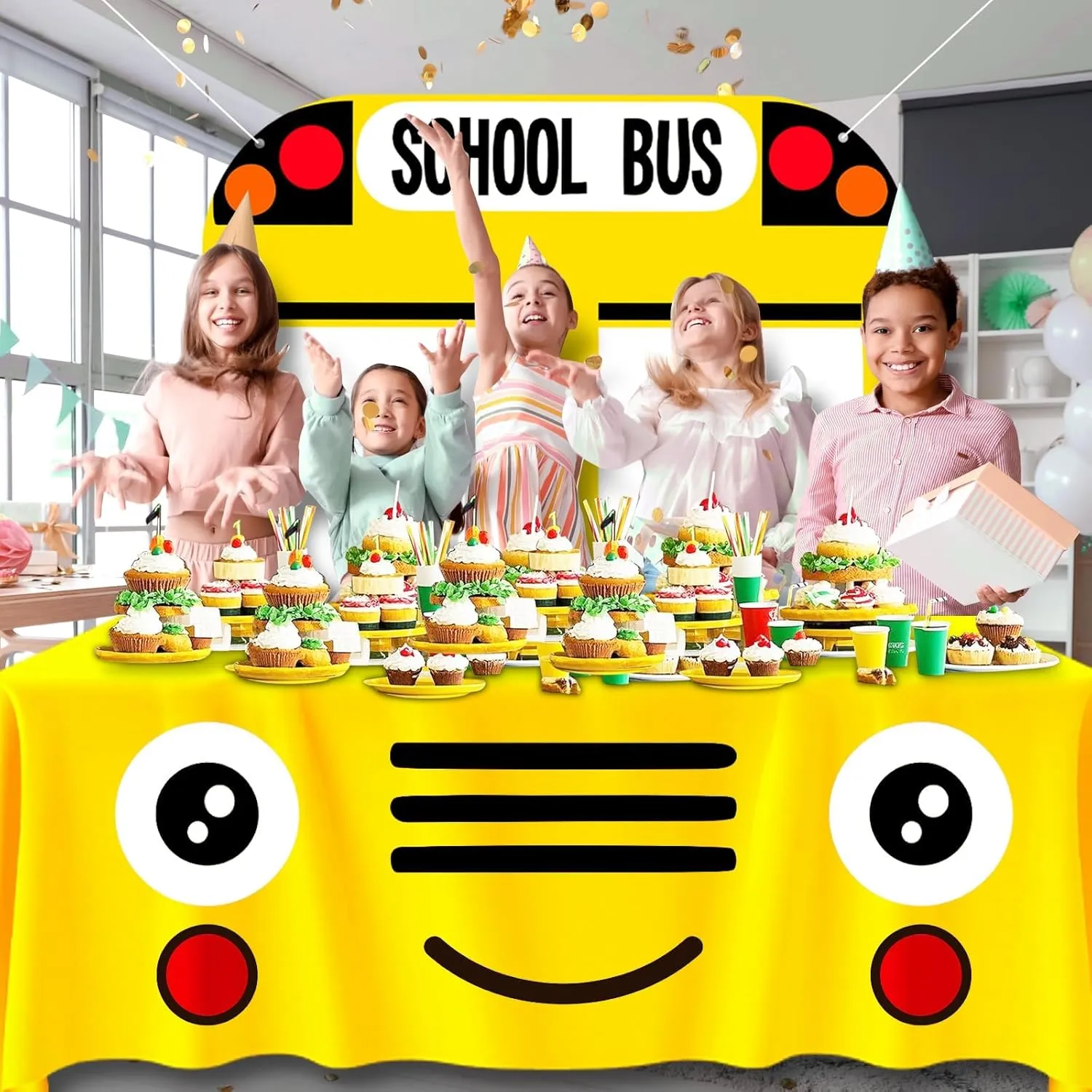 Cumule 2 Pcs School Bus Party Decorations First Day of School Backdrop and Tablecloth Washable Washable School Bus Polyester Tablecover for Back to School Day Graduation Party Favor