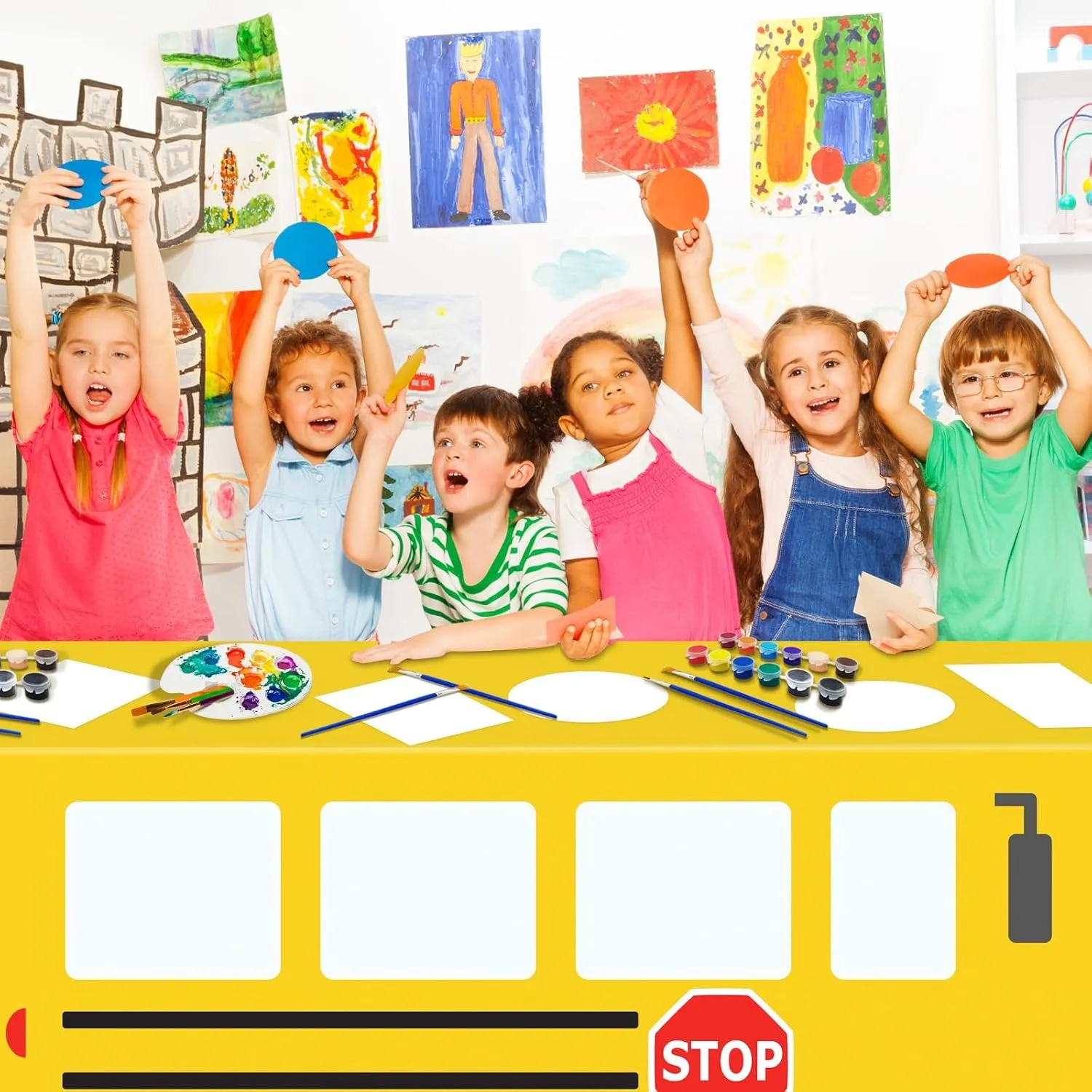 Cumule School Bus Tablecloth Cover First Day of School Party Table Cloth Cartoon School Bus Theme Party Birthday Decoration Washable Polyester Rectangle Table Cover Decor for Party Back to School Day